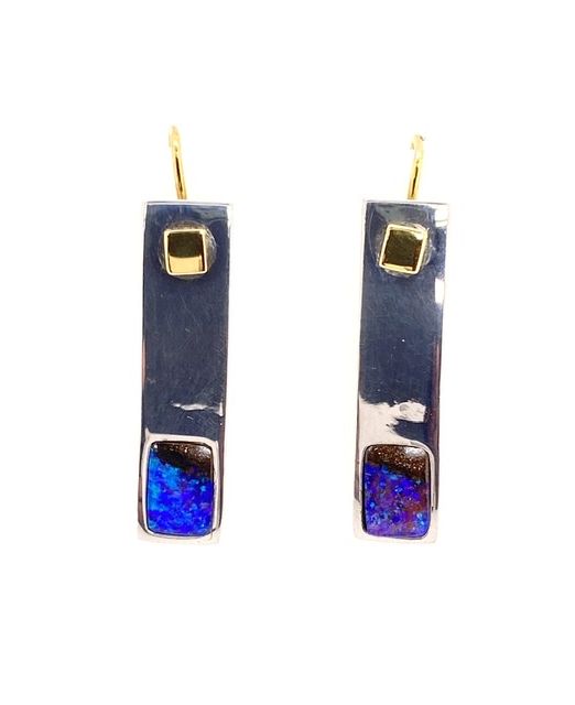 Kubik-earring-blue-boulder-opal-silver-gold