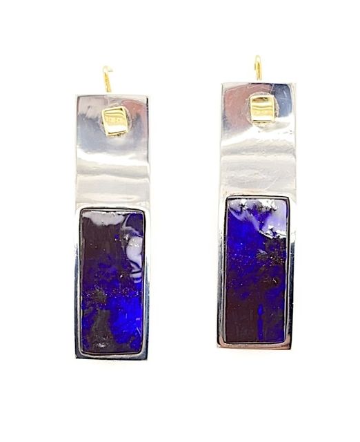 Bolda-earrings-blue-boulder-opal-silver-and-gold-kubik